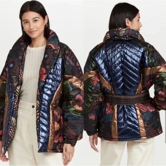 FARM Rio Black Wild Bananas Metallic Reversible puffer Jacket Belt Size L NWT - Picture 1 of 13
